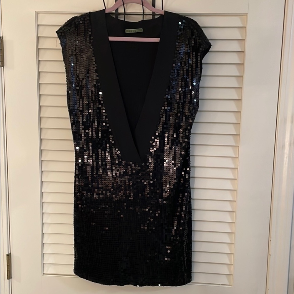 Velvet Brand Black Mini Sequin Sheath Dress with Plunge Neckline Cocktail